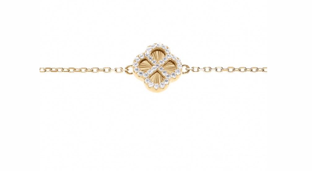 BRACELET ARGENT DORÉ TREFLE SUR FOND DIAMANTÉ CONTOUR OXYDES BLANCS