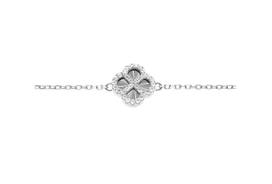 BRACELET ARGENT DORÉ TREFLE SUR FOND DIAMANTÉ CONTOUR OXYDES BLANCS