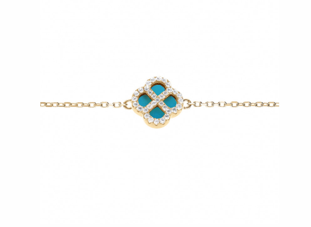 BRACELET ARGENT RHODIÉ TREFLE TURQUOISE IMITATION CONTOUR OXYDES BLANCS