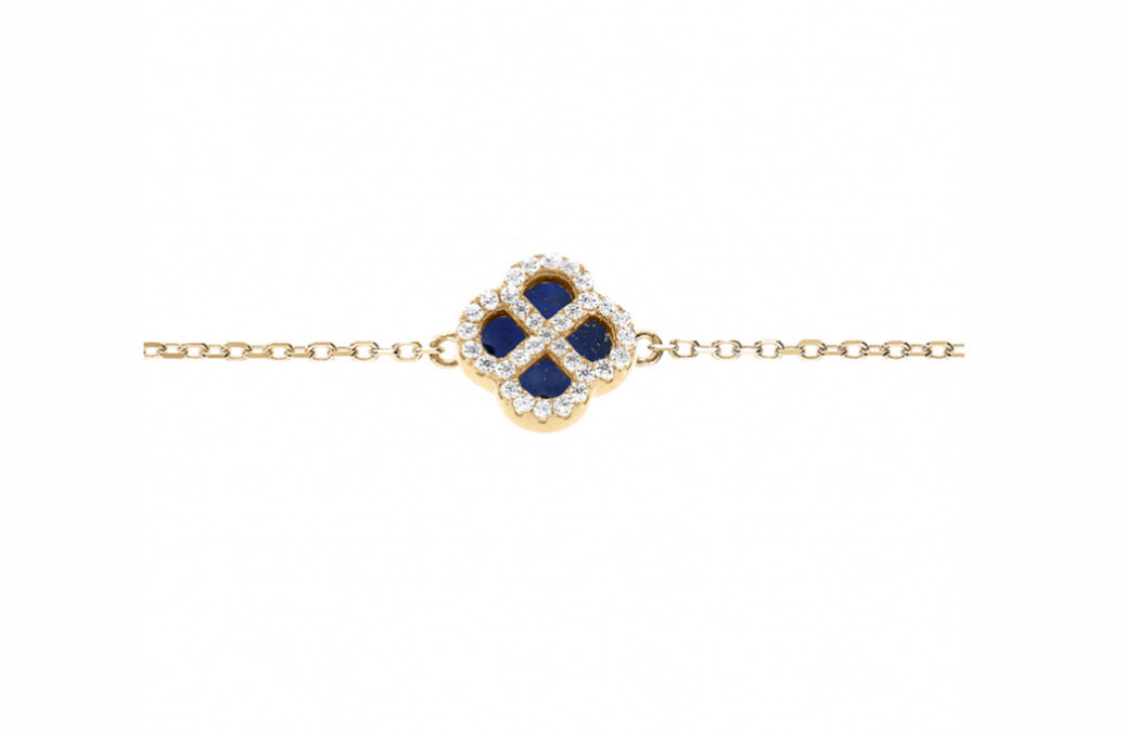 BRACELET ARGENT RHODIÉ TREFLE VERRE BLEU FONCÉ CONTOUR OXYDES BLANCS