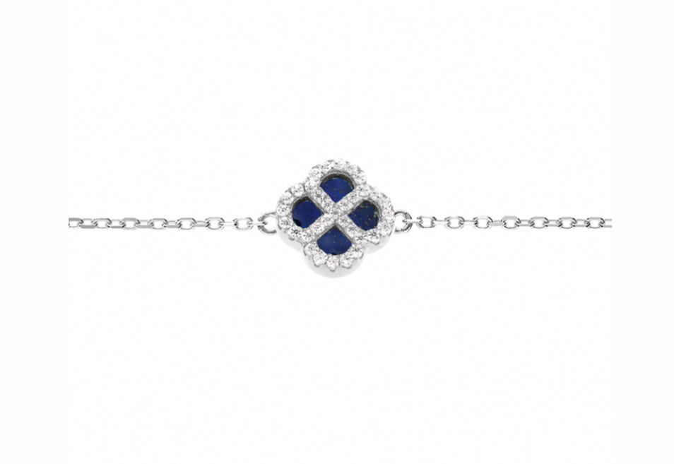 BRACELET ARGENT RHODIÉ TREFLE VERRE BLEU FONCÉ CONTOUR OXYDES BLANCS