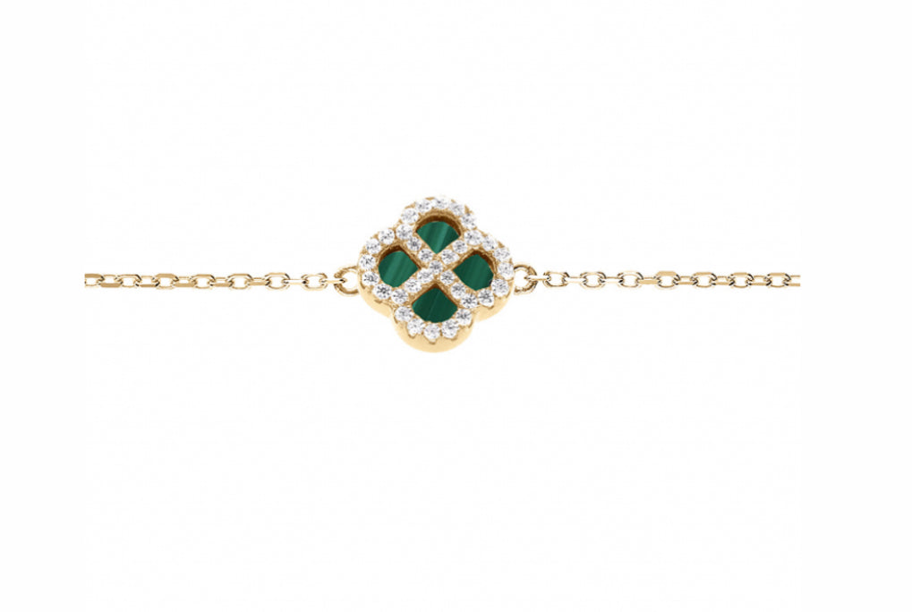 BRACELET ARGENT RHODIÉ MOTIF TREFLE MALACHITE VÉRITABLE CONTOUR OXYDES BLANCS