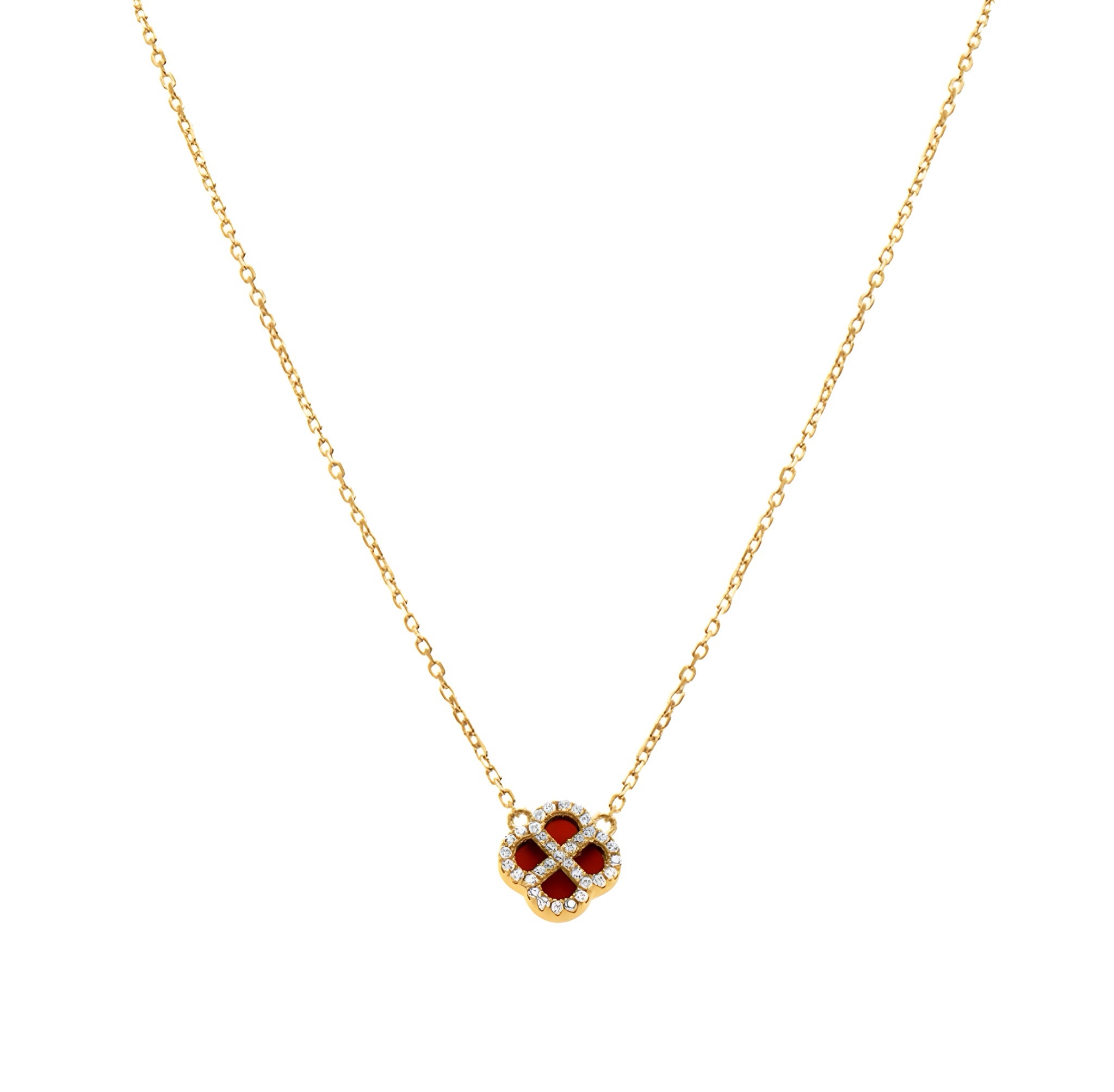 COLLIER ARGENT RHODIÉ PENDENTIF TREFLE AGATE ROUGE VÉRITABLE CONTOUR OXYDES BLANCS