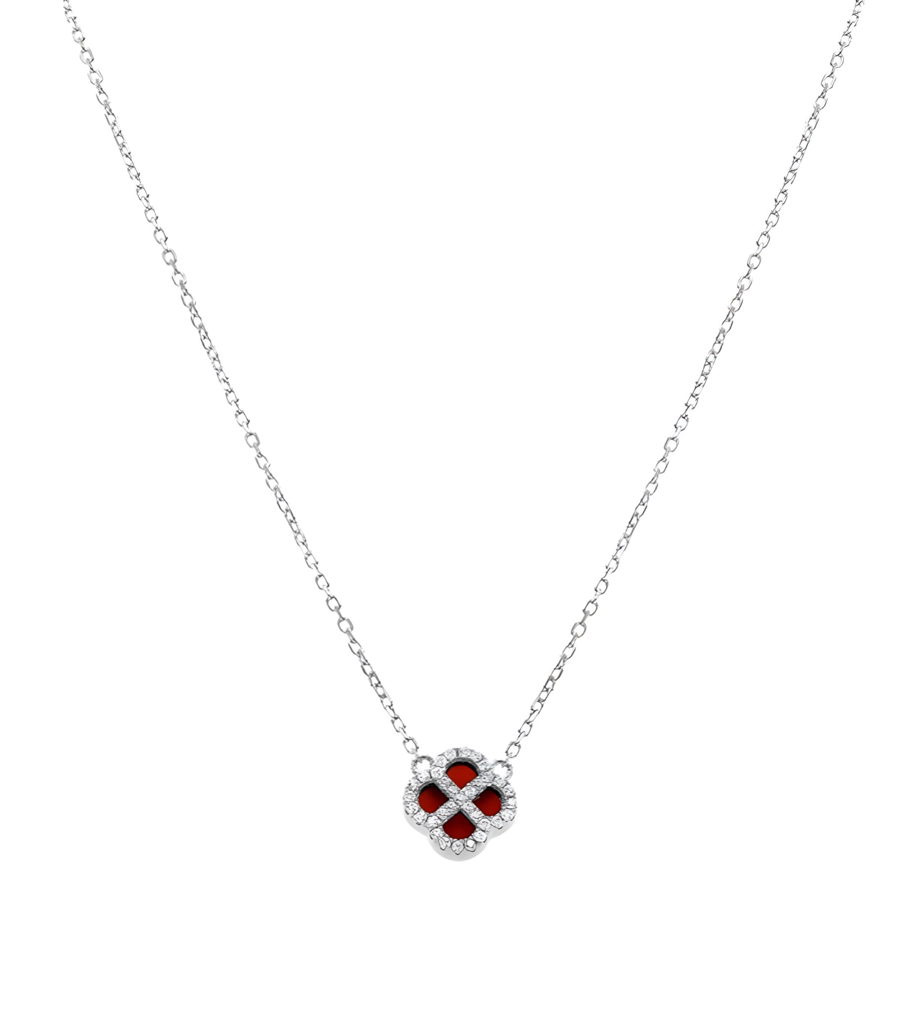 COLLIER ARGENT RHODIÉ PENDENTIF TREFLE AGATE ROUGE VÉRITABLE CONTOUR OXYDES BLANCS