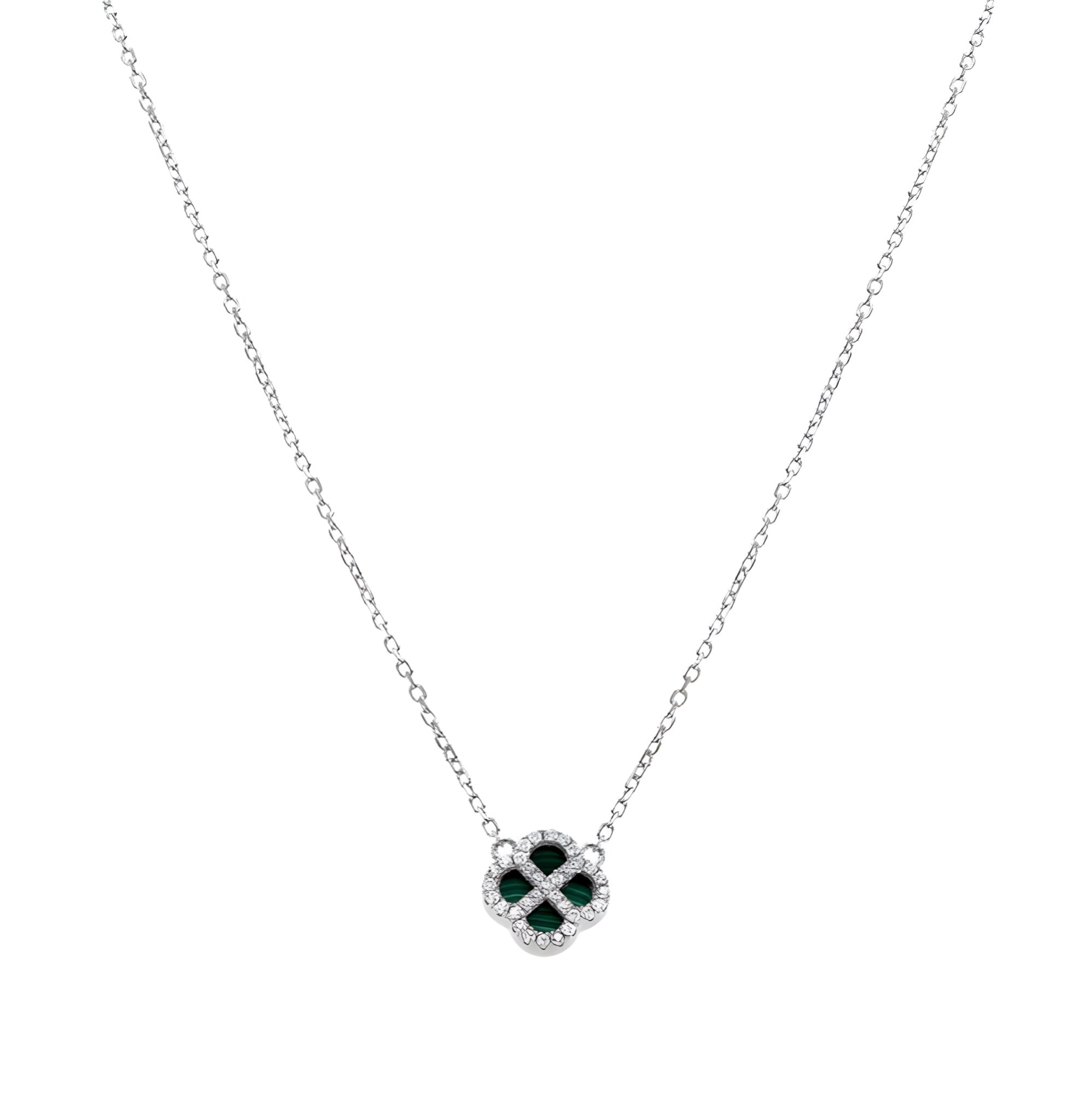 COLLIER ARGENT RHODIÉ PENDENTIF TREFLE MALACHITE VÉRITABLE CONTOUR OXYDES BLANCS