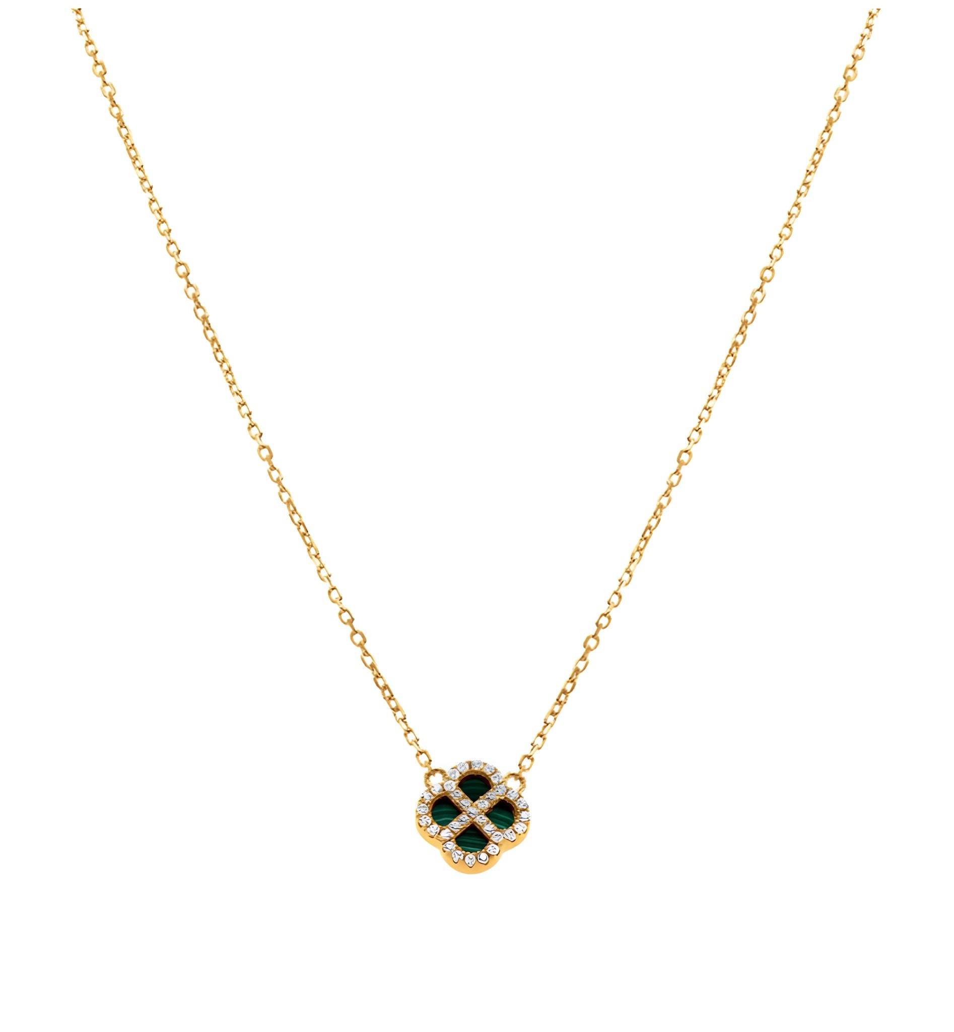 COLLIER ARGENT RHODIÉ PENDENTIF TREFLE MALACHITE VÉRITABLE CONTOUR OXYDES BLANCS