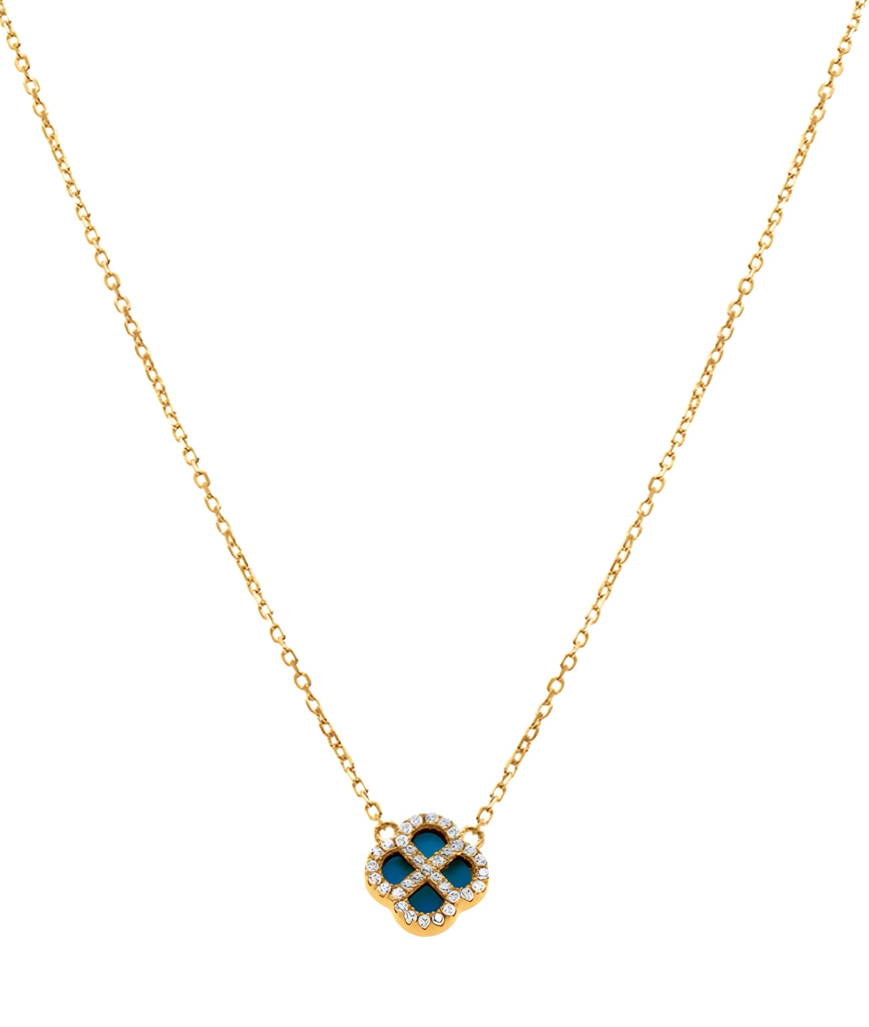 COLLIER ARGENT DORÉ PENDENTIF TREFLE TURQUOISE IMITATION CONTOUR OXYDES BLANCS