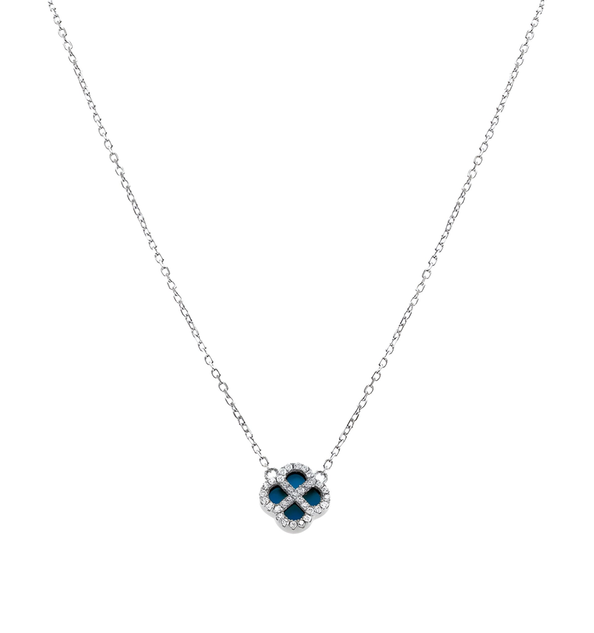COLLIER ARGENT DORÉ PENDENTIF TREFLE TURQUOISE IMITATION CONTOUR OXYDES BLANCS