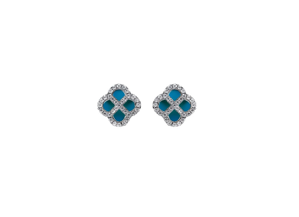 BOUCLES D'OREILLES TIGE ARGENT RHODIÉ TREFLE TURQUOISE IMITATION CONTOUR OXYDES BLANCS