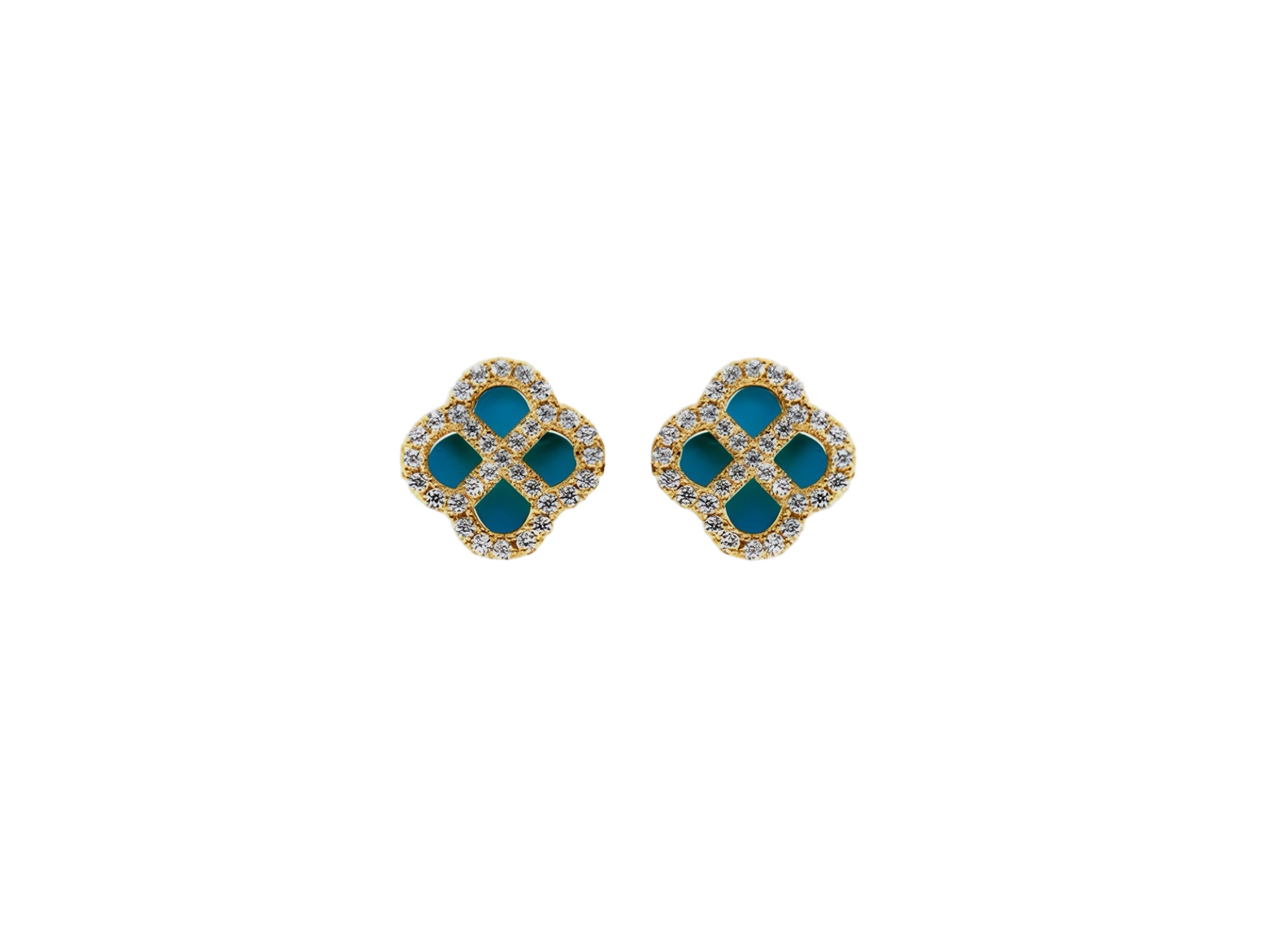 BOUCLES D'OREILLES TIGE ARGENT RHODIÉ TREFLE TURQUOISE IMITATION CONTOUR OXYDES BLANCS