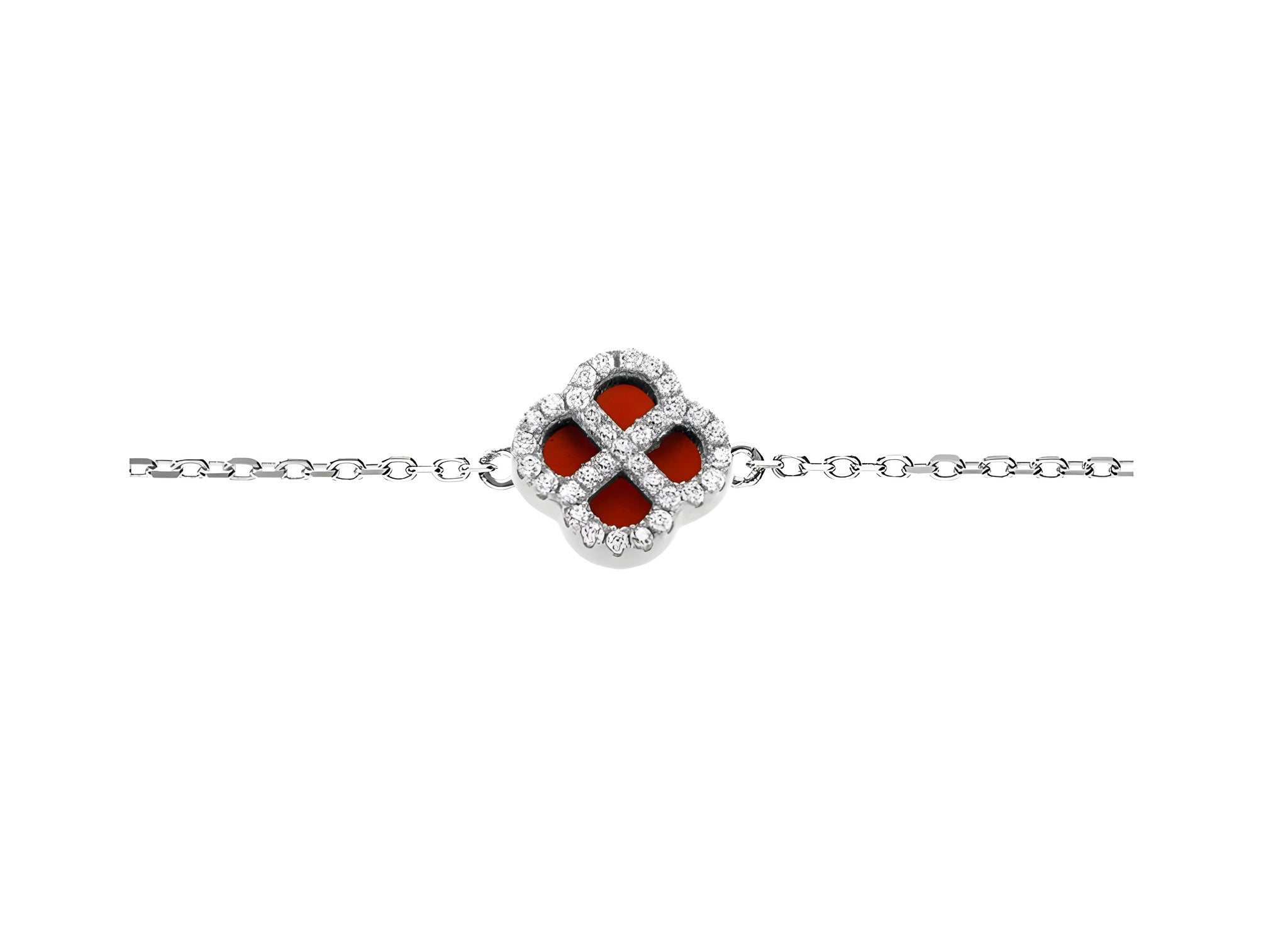 BRACELET ARGENT RHODIÉ TREFLE AGATE ROUGE CONTOUR OXYDES BLANCS