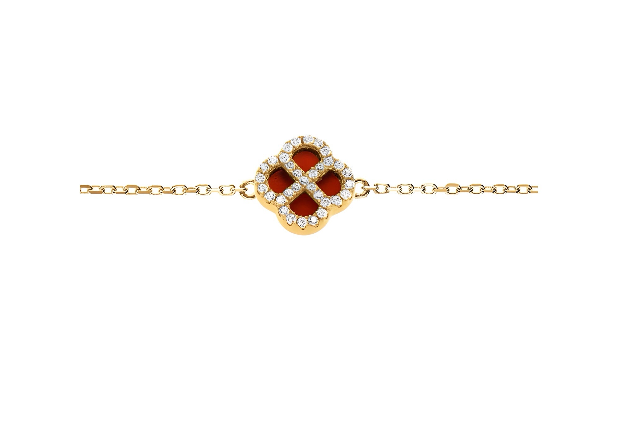 BRACELET ARGENT RHODIÉ TREFLE AGATE ROUGE CONTOUR OXYDES BLANCS