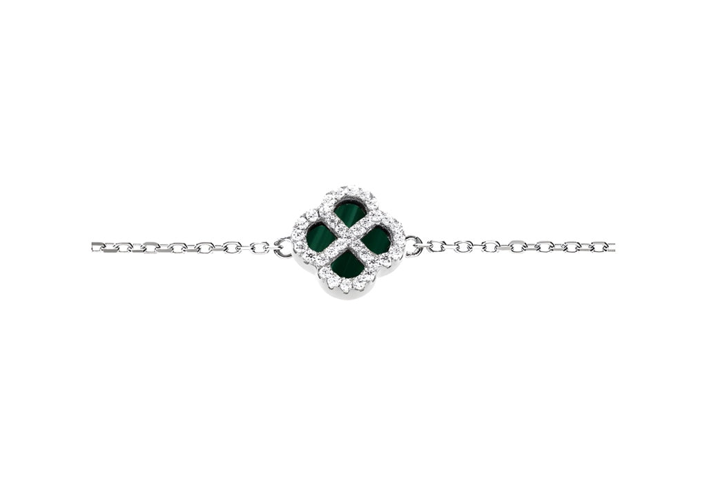 BRACELET ARGENT RHODIÉ MOTIF TREFLE MALACHITE VÉRITABLE CONTOUR OXYDES BLANCS