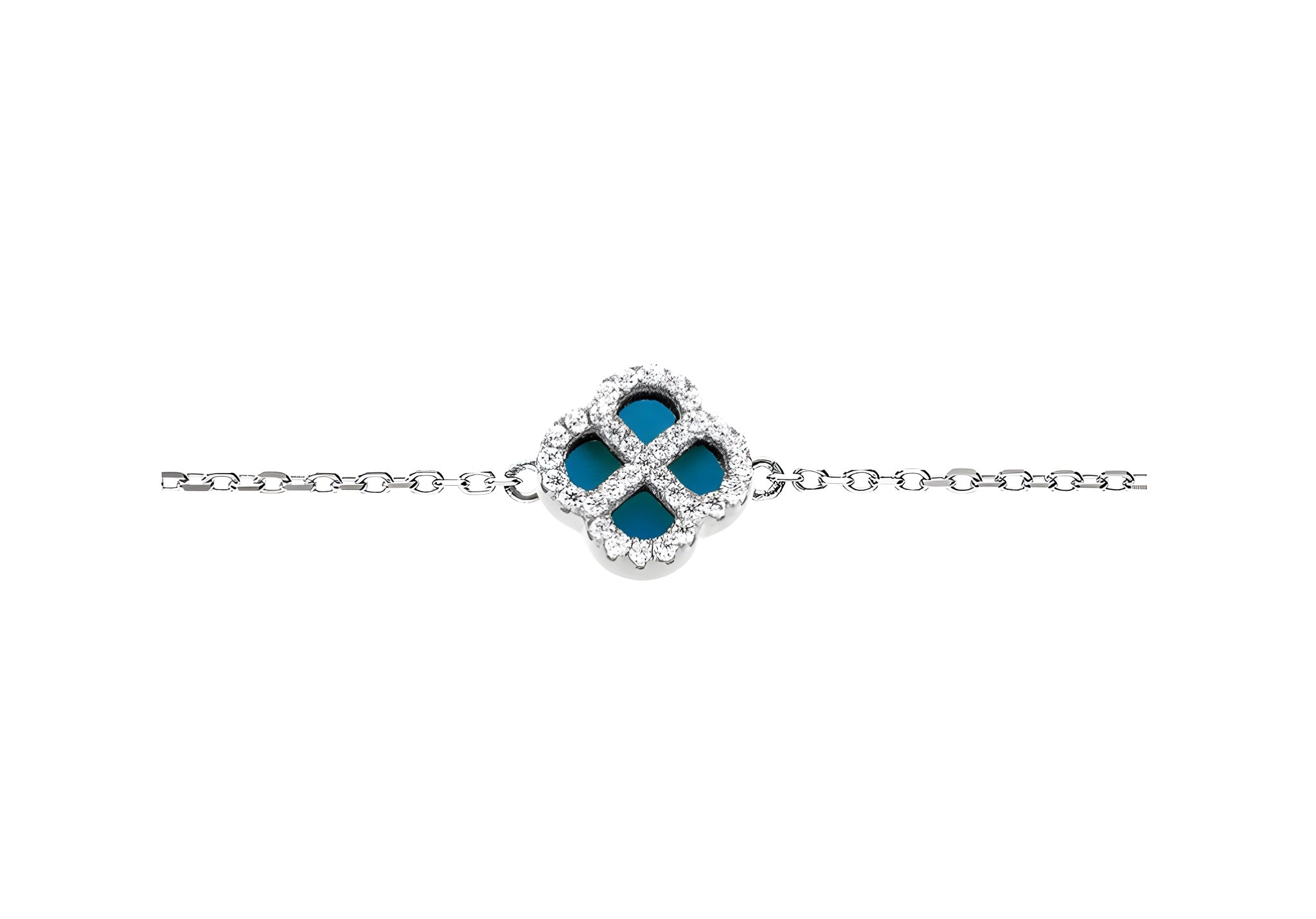 BRACELET ARGENT RHODIÉ TREFLE TURQUOISE IMITATION CONTOUR OXYDES BLANCS