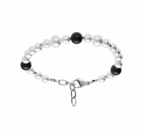 BRACELET ACIER LEWIS PERLES IMITATION 8MM ET 6MM BLANCHES ET NOIRES