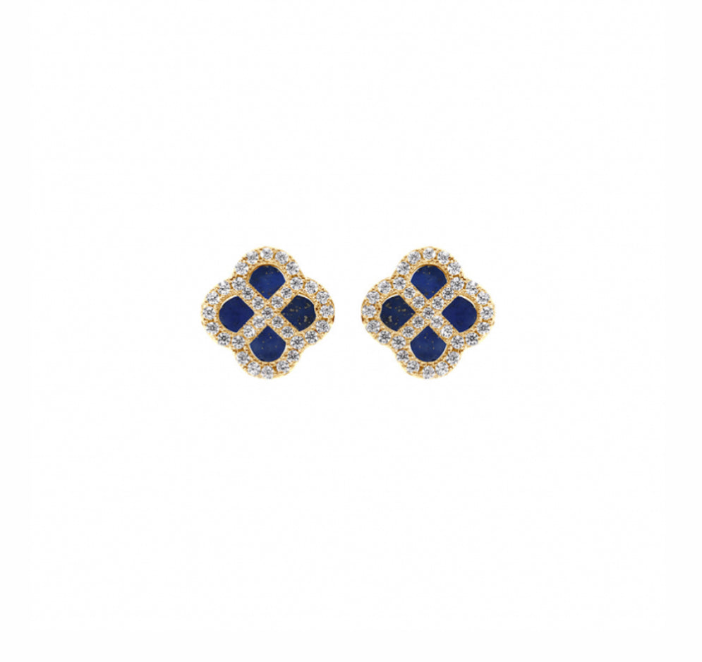BOUCLES D'OREILLES TIGE ARGENT DORÉ TREFLE VERRE BLEU FONCÉ CONTOUR OXYDES BLANCS