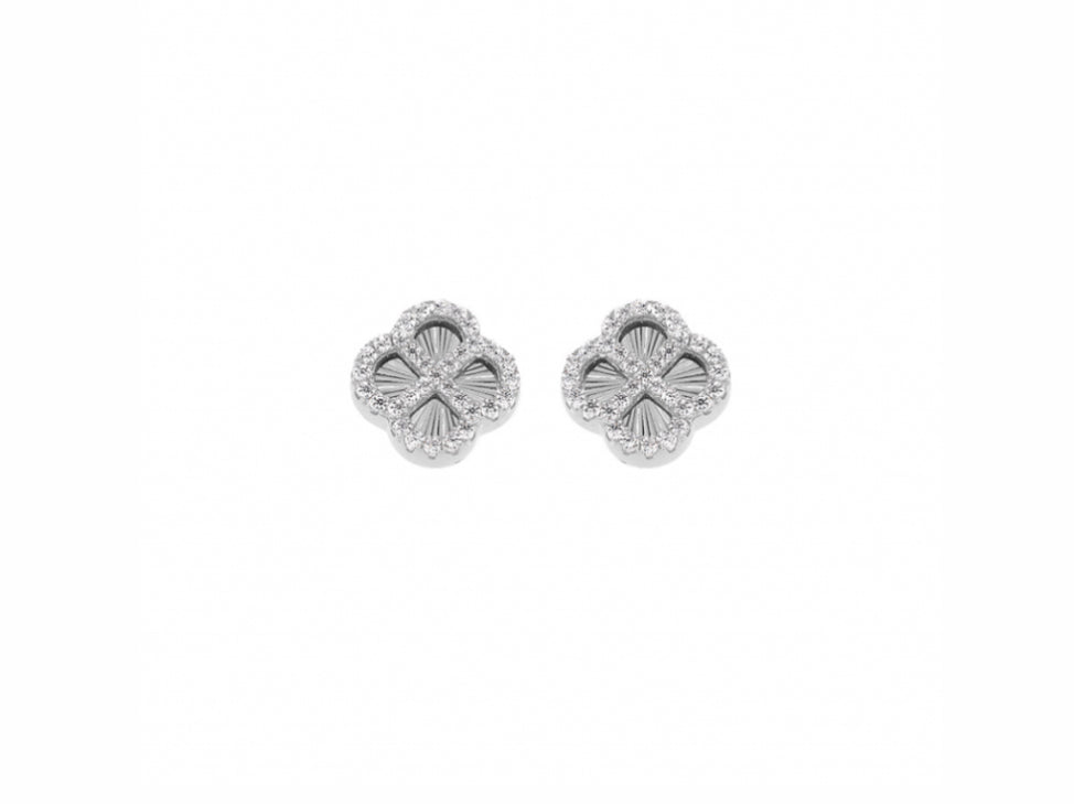 BOUCLES D'OREILLES TIGE ARGENT DORÉ TREFLE SUR FOND DIAMANTÉ CONTOUR OXYDES BLANCS