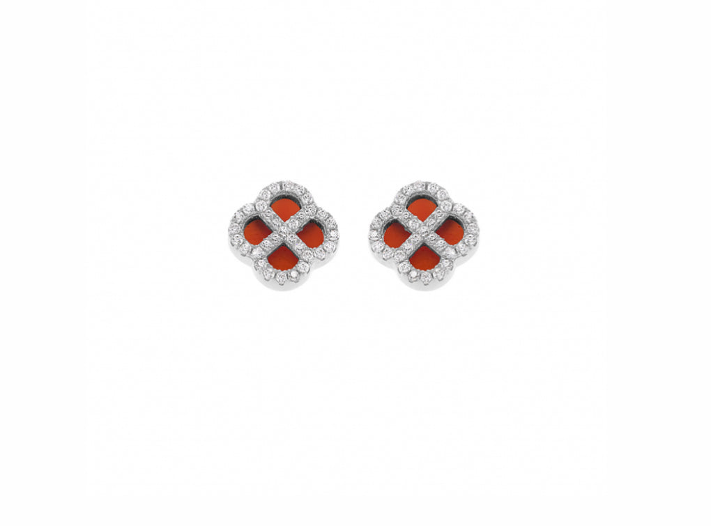 BOUCLES D'OREILLES TIGE ARGENT RHODIÉ TREFLE AGATE ROUGE VÉRITABLE CONTOUR OXYDES BLANCS
