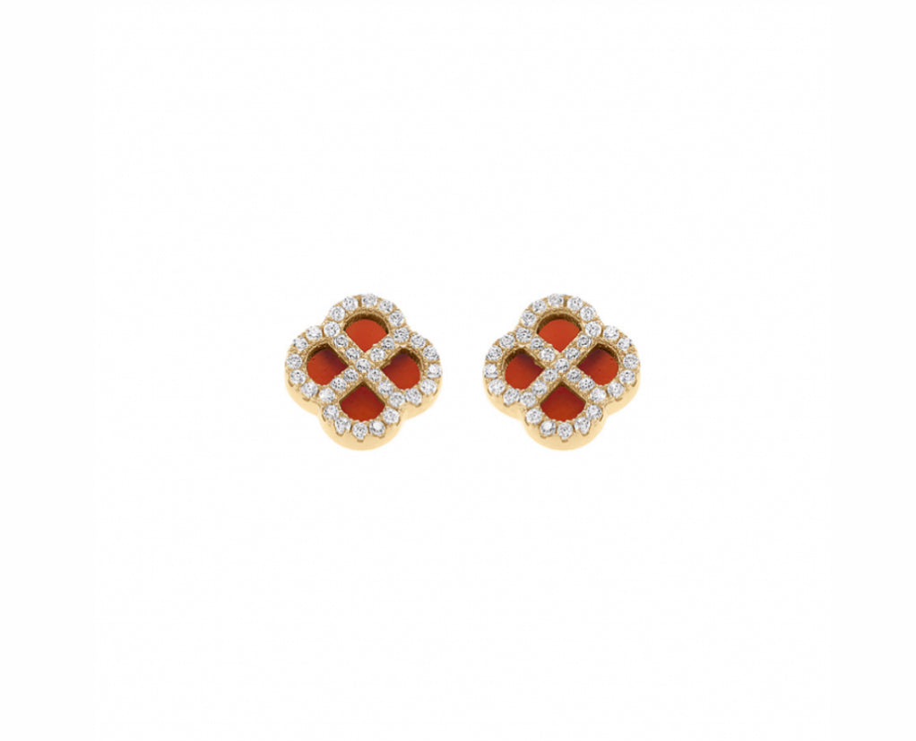 BOUCLES D'OREILLES TIGE ARGENT RHODIÉ TREFLE AGATE ROUGE VÉRITABLE CONTOUR OXYDES BLANCS