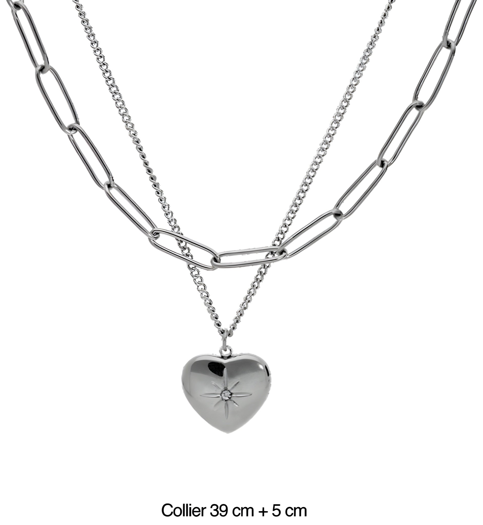 Collier double acier avec cœur pour femme