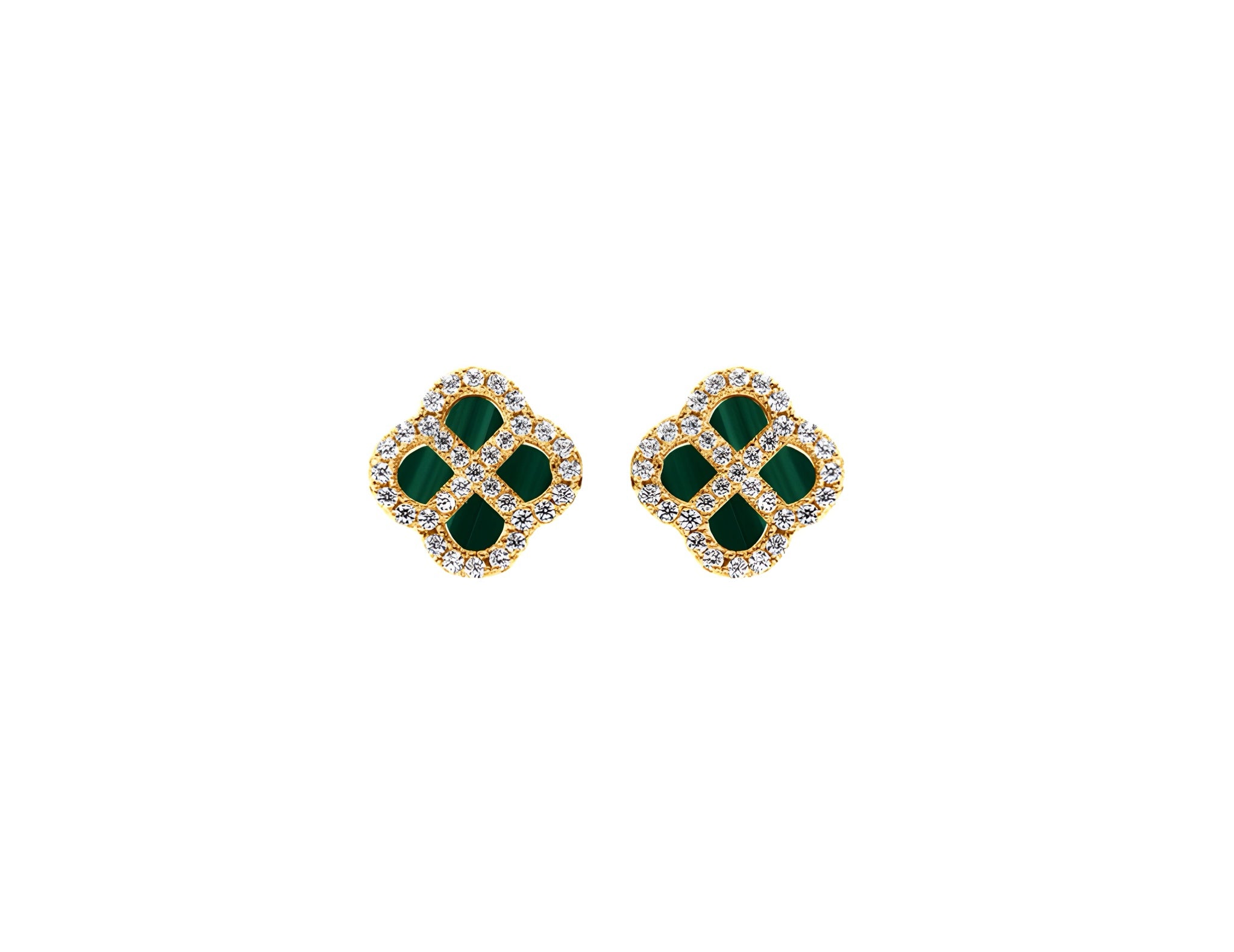 BOUCLES D'OREILLES TIGE ARGENT DORÉ MOTIF TREFLE MALACHITE VÉRITABLE CONTOUR OXYDES BLANCS