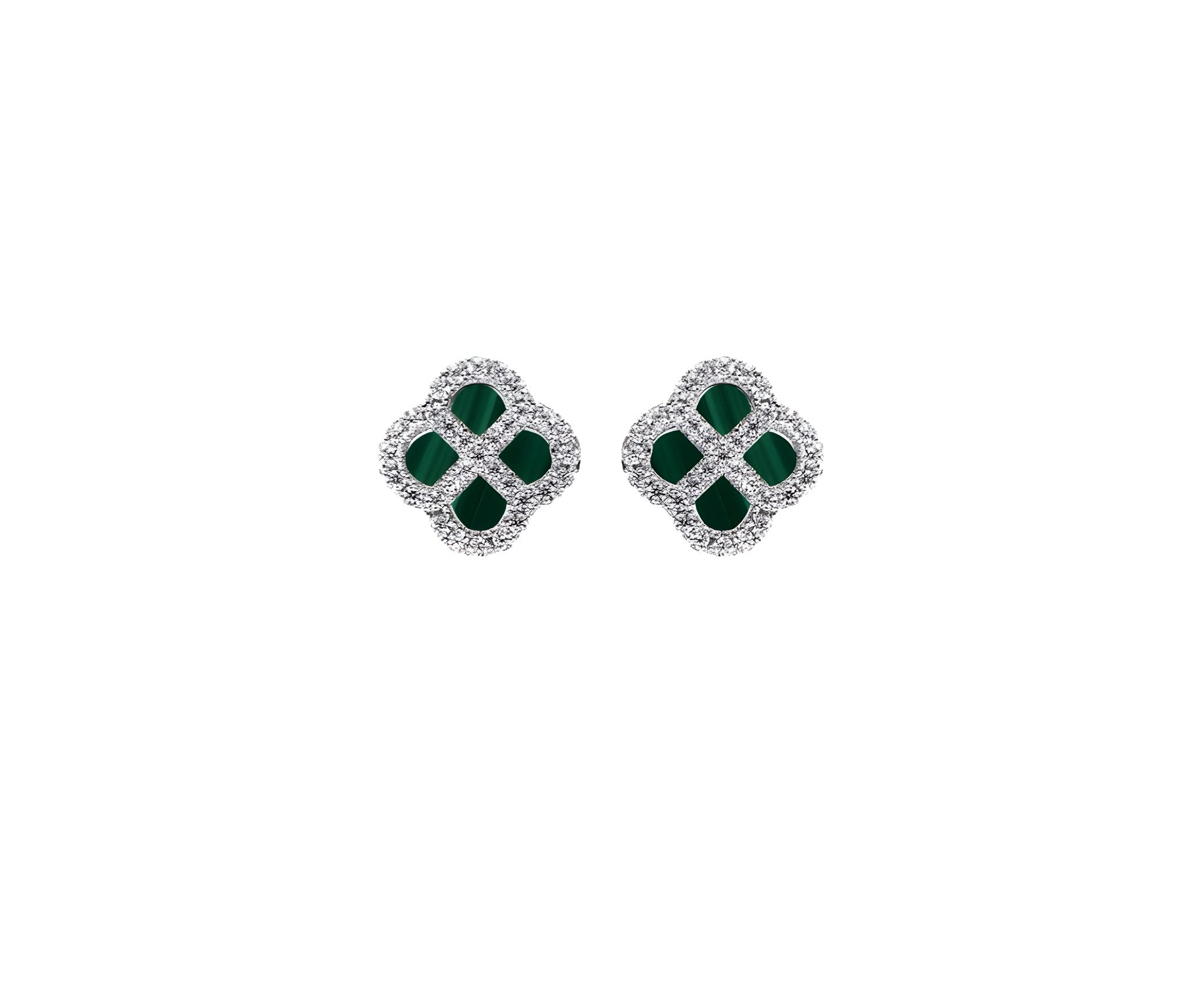 BOUCLES D'OREILLES TIGE ARGENT DORÉ MOTIF TREFLE MALACHITE VÉRITABLE CONTOUR OXYDES BLANCS