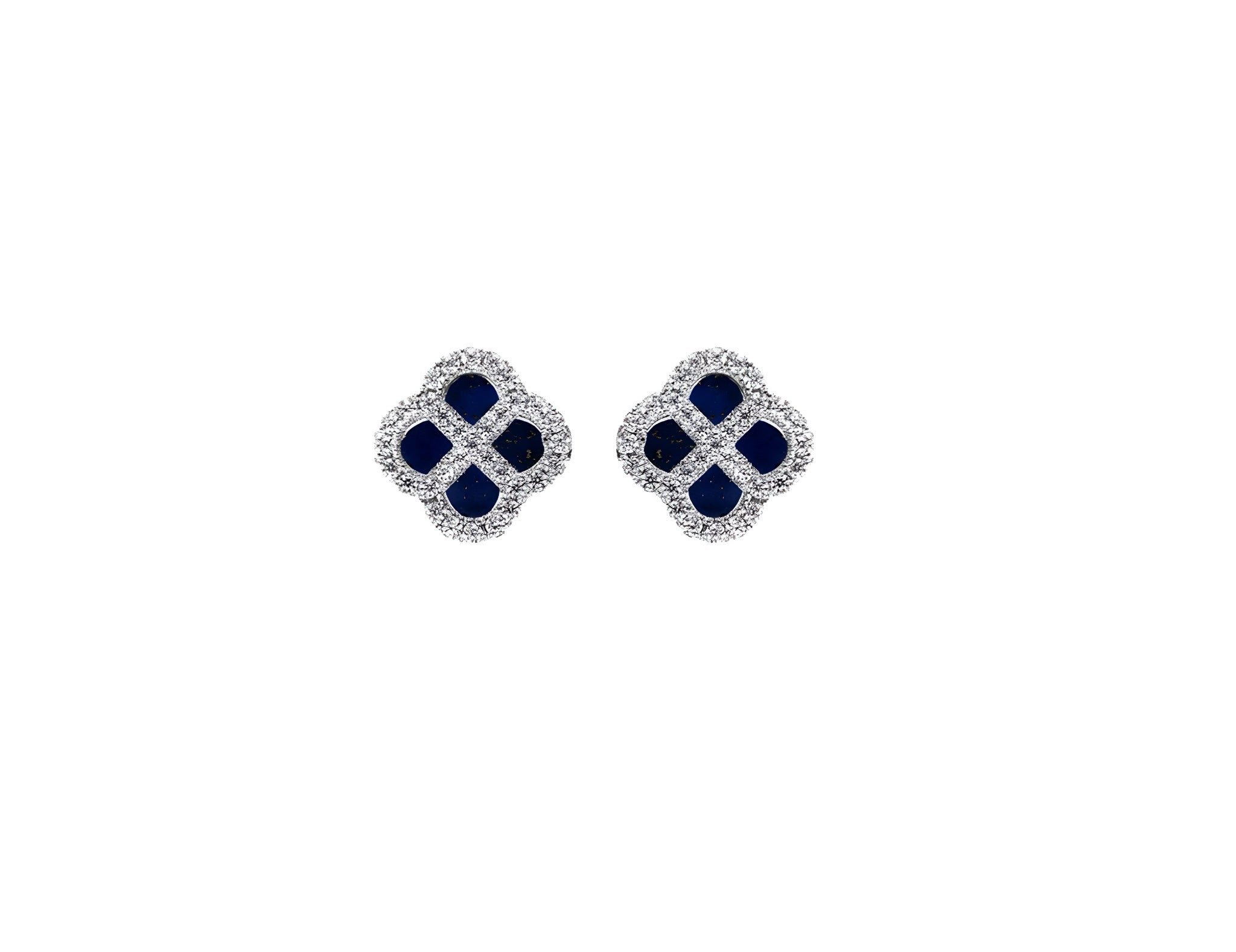 BOUCLES D'OREILLES TIGE ARGENT DORÉ TREFLE VERRE BLEU FONCÉ CONTOUR OXYDES BLANCS