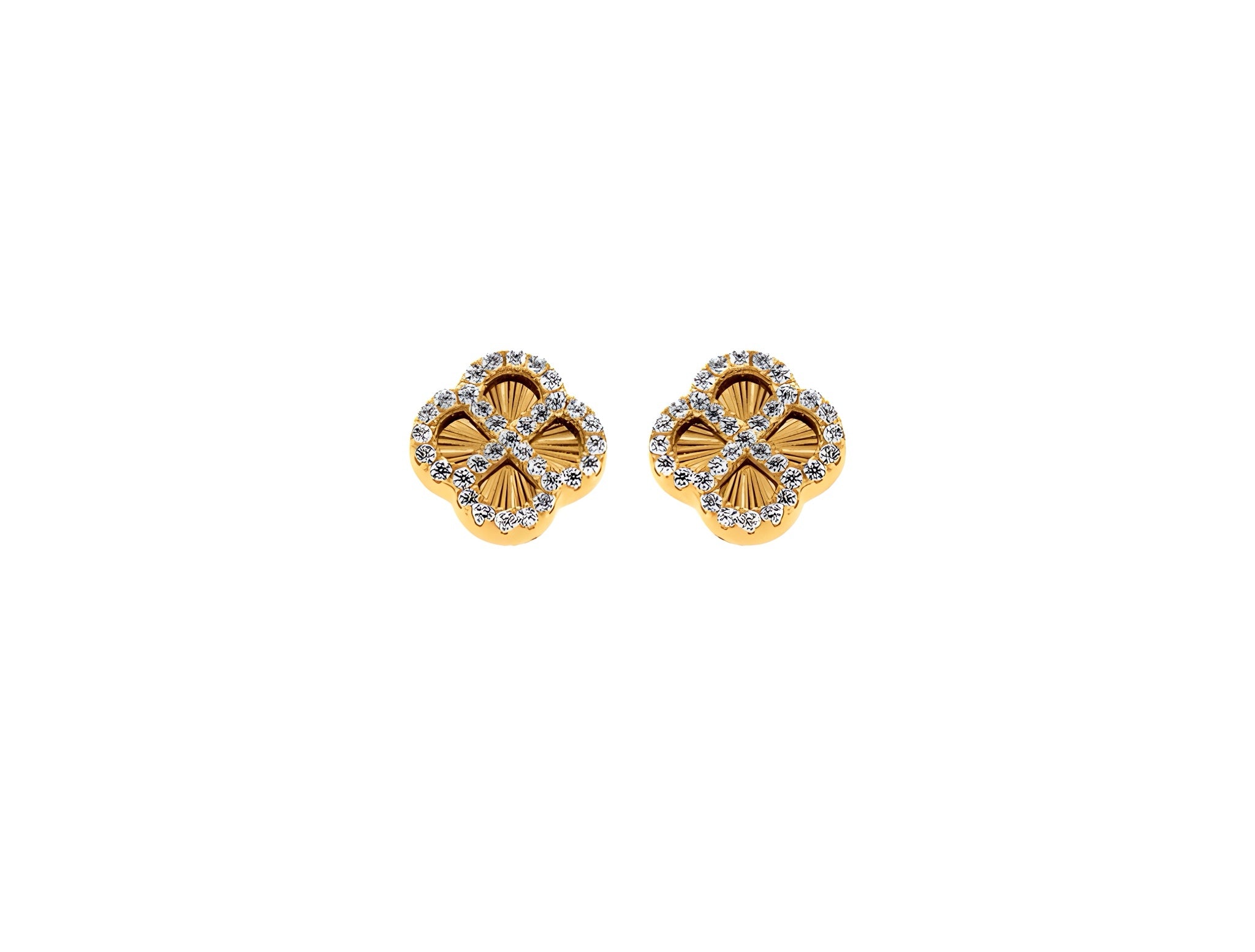 BOUCLES D'OREILLES TIGE ARGENT DORÉ TREFLE SUR FOND DIAMANTÉ CONTOUR OXYDES BLANCS
