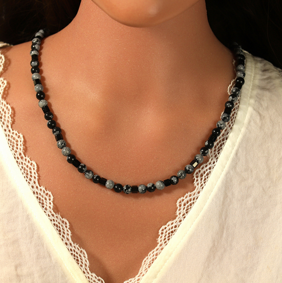 COLLIER ACIER BOULES 6MM OBSIDIENNE NEIGE