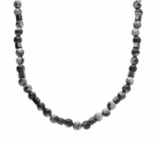 COLLIER ACIER BOULES 6MM OBSIDIENNE NEIGE